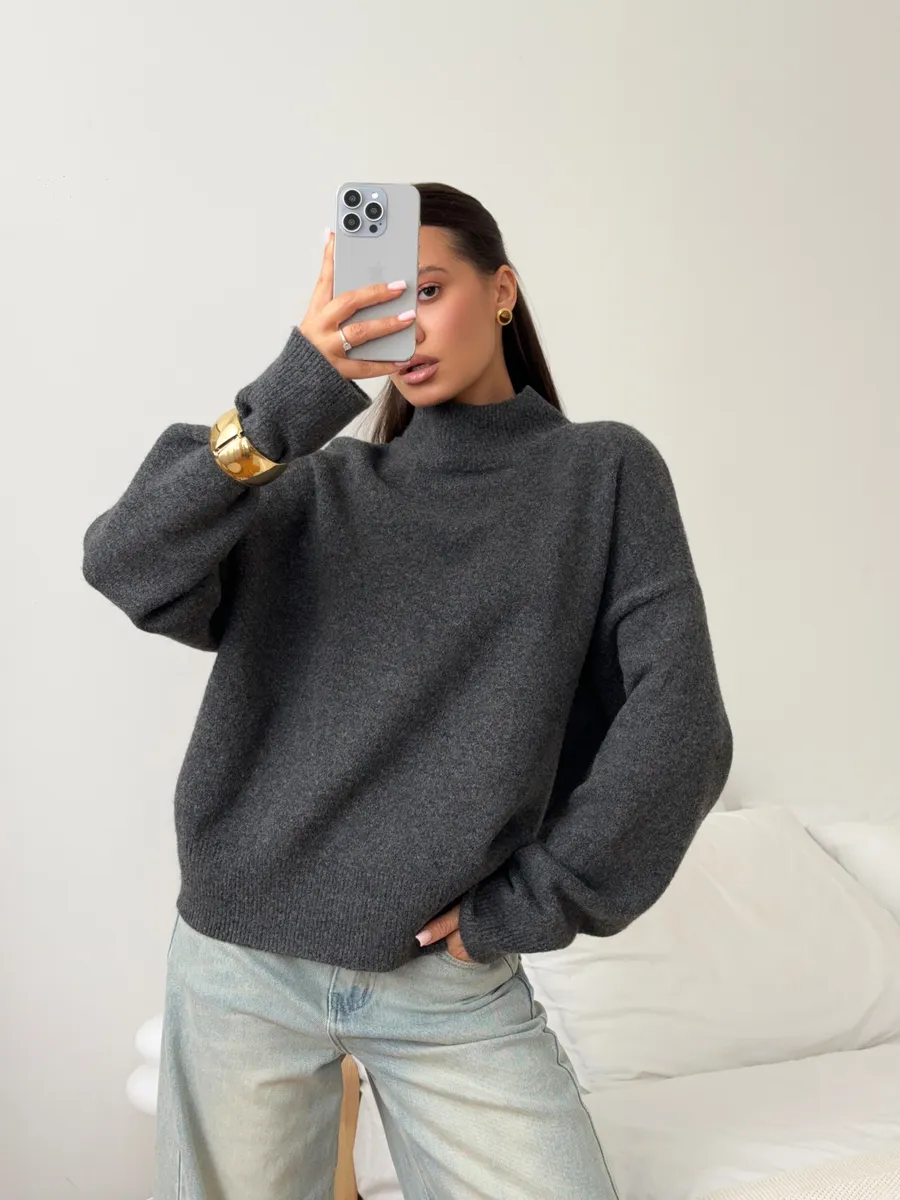 Свитер оверсайз джемпер вязаный с горлом с шерстью